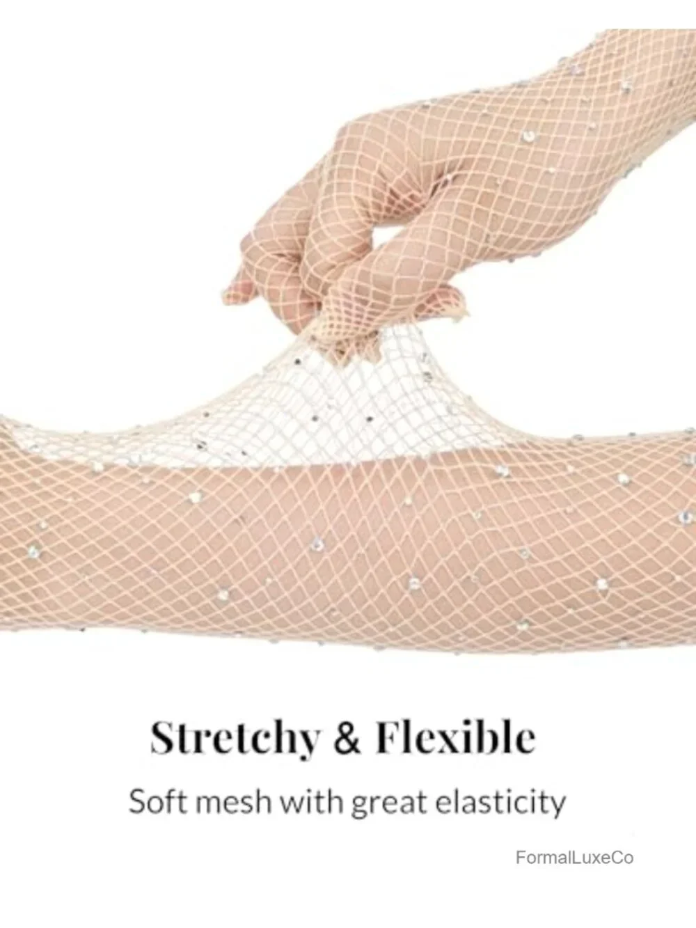 Long Fishnet Rhinestone Gloves, Sparkly Elbow Length Mesh Opera Gloves